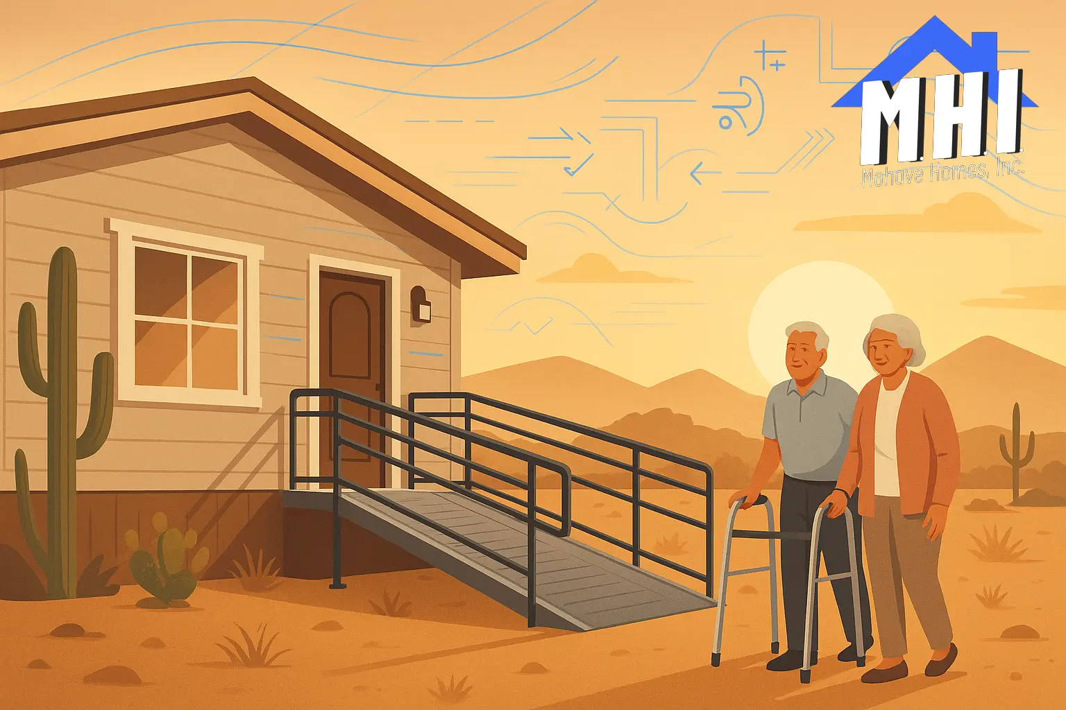 An elderly couple stands outside a desert home with a wheelchair ramp at sunset, reflecting the benefits of aging in place. The MHI (Manufactured Housing Institute) logo appears in the top right corner.