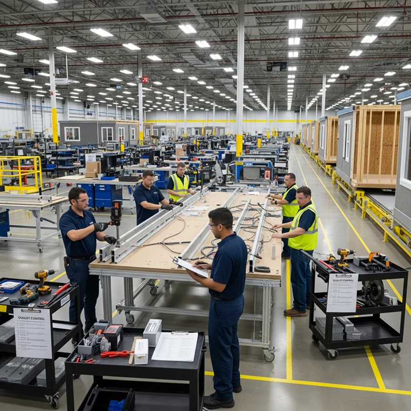 Workers assemble components at large workbenches in a brightly lit industrial factory, with tools, equipment, and partly constructed modular units visible throughout the space.