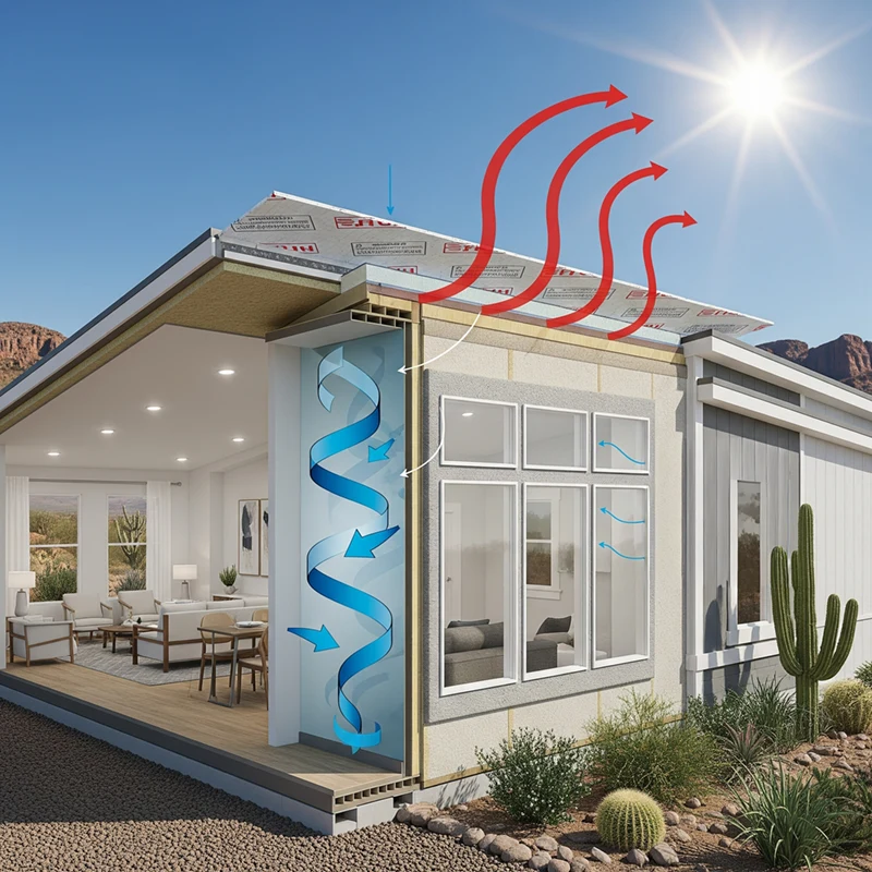 A modern house cross-section illustrates ventilation and heat flow, with sunlight warming the roof and cool air circulating inside. Energy Efficient Manufactured Homes like this promise cost savings—see the analysis for 2025. Cacti dot the desert landscape outside.