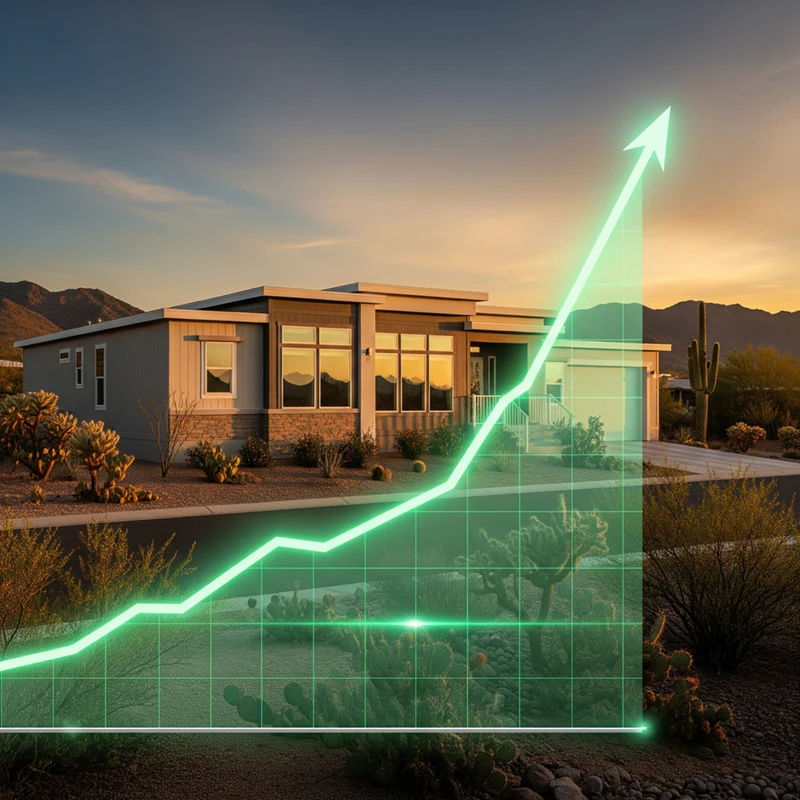 A modern house in a desert landscape with a digital graph overlay showing a sharp increase, indicating rising property values.