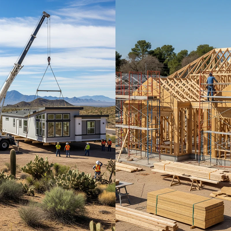 slide13 A crane lifts a prefabricated house in a desert, while workers construct a wooden-framed house nearby; building materials are stacked in the foreground.