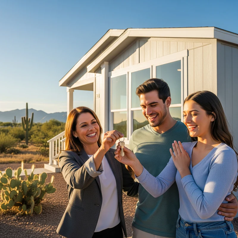 A real estate agent hands keys to a smiling couple standing in front of a modern house in a desert landscape with cacti.