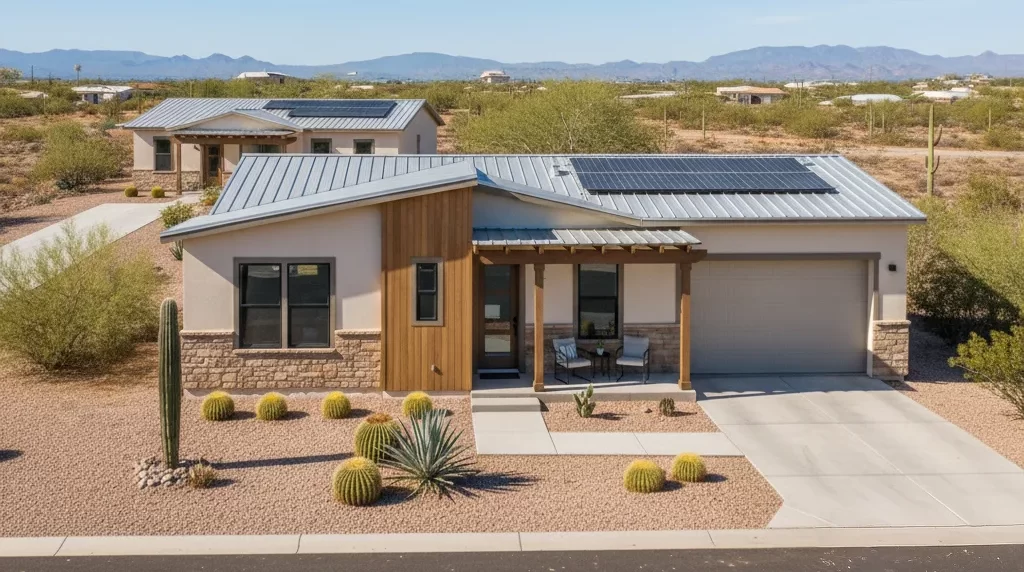 Modern manufactured guest house ADU in Arizona desert landscape