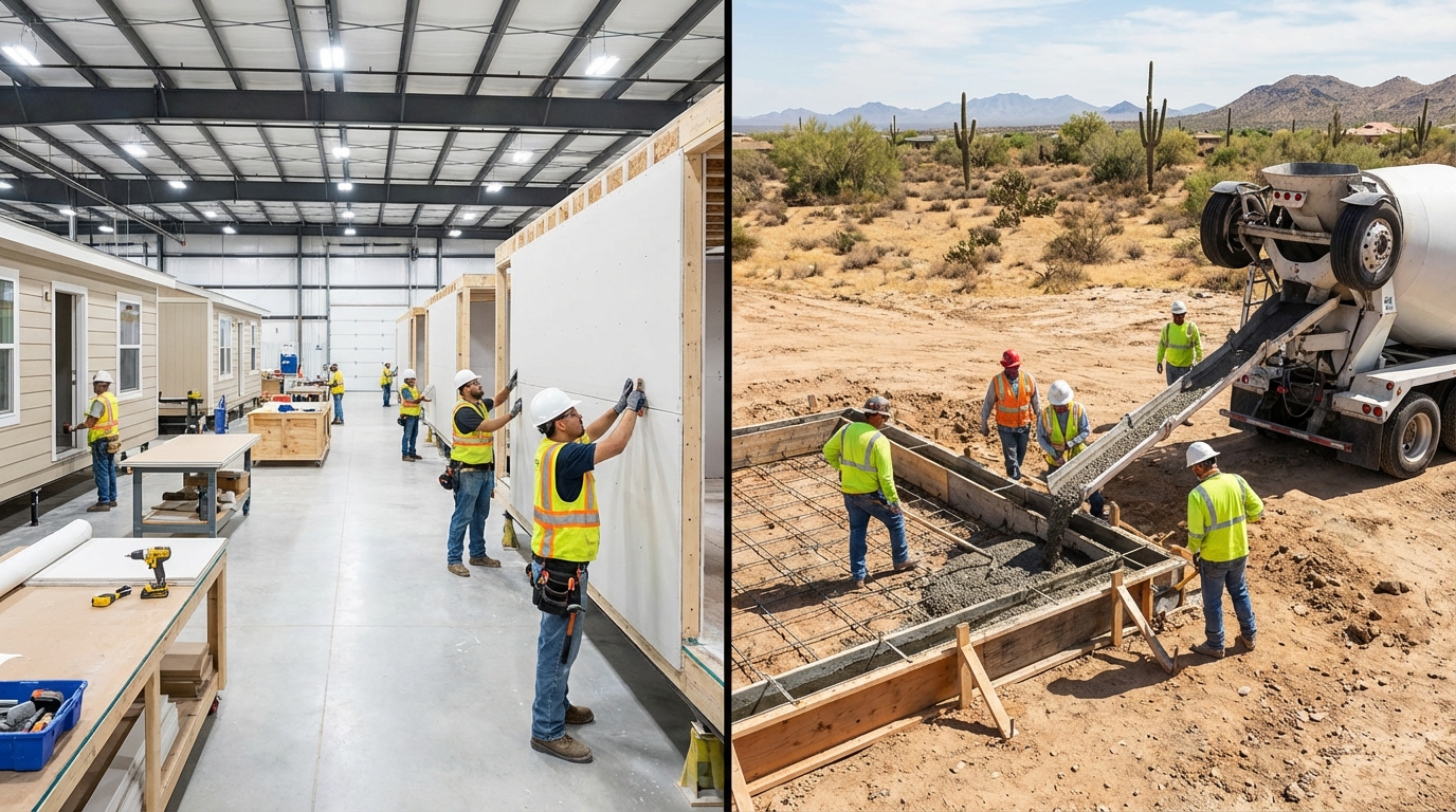 Split view of factory assembly and desert foundation pouring for Arizona modular homes by Mohave Homes Inc.